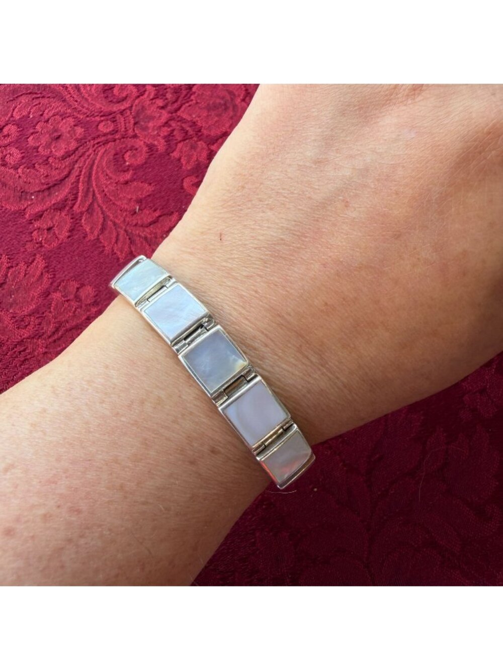 Vintage Sterling Silver Mother of Pearl Rectangular Link Panel Bracelet Clasp